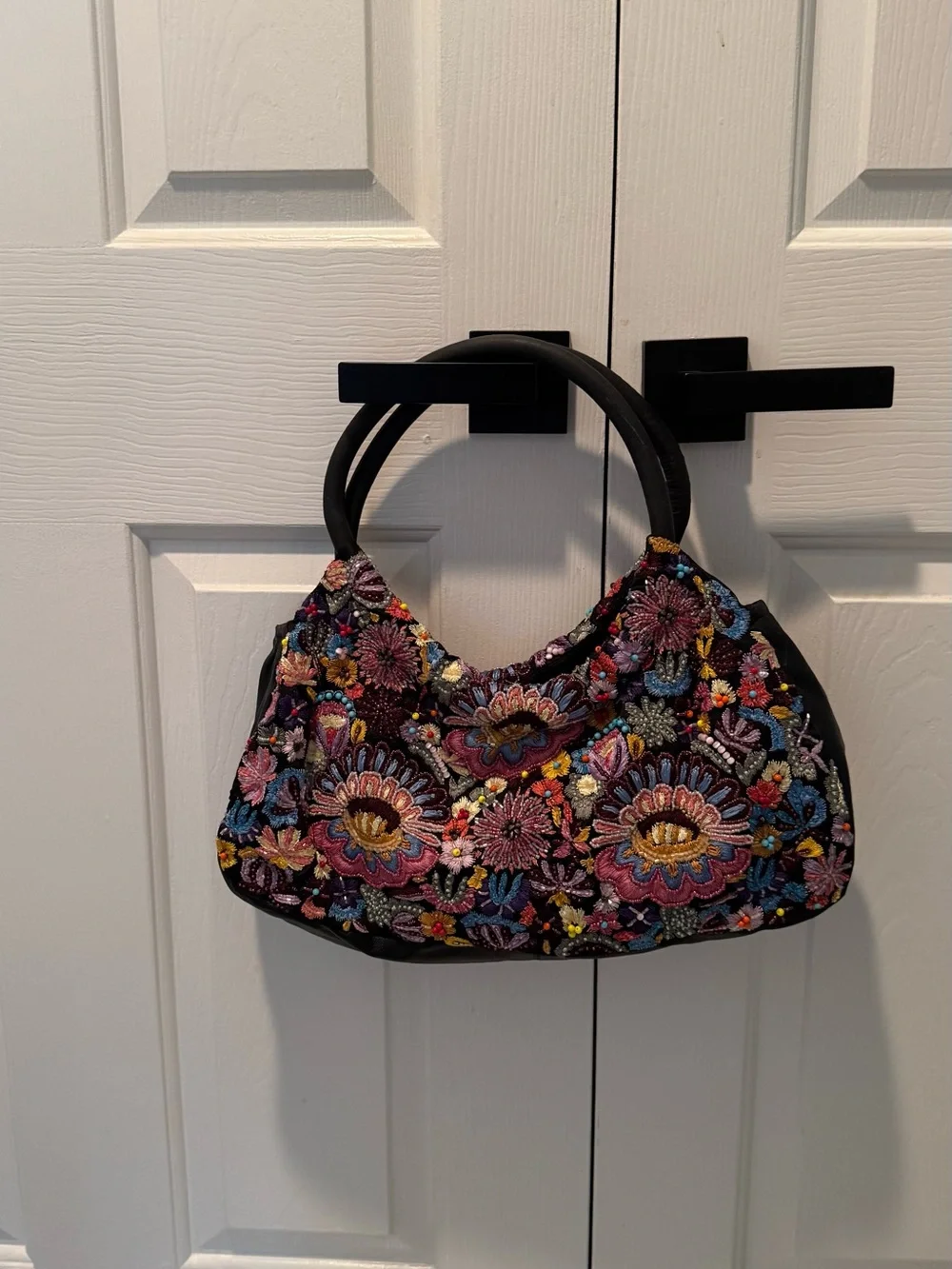 SANTI Black Embroidered Floral Hobo Bag with Multicolor Beading